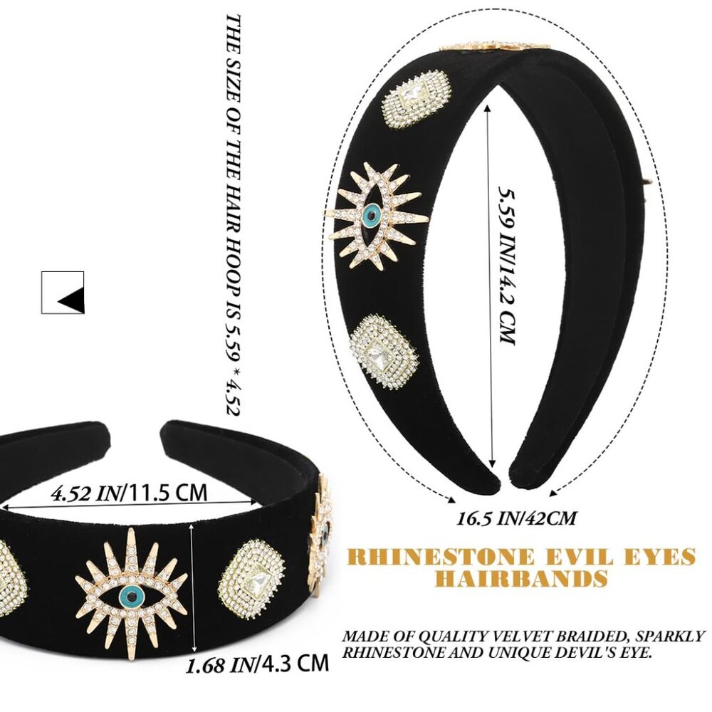 Black Baroque Wide Headbands Evil Eyes Hairbands Jeweled Rhinestones Hair Band P - Picture 6 of 6